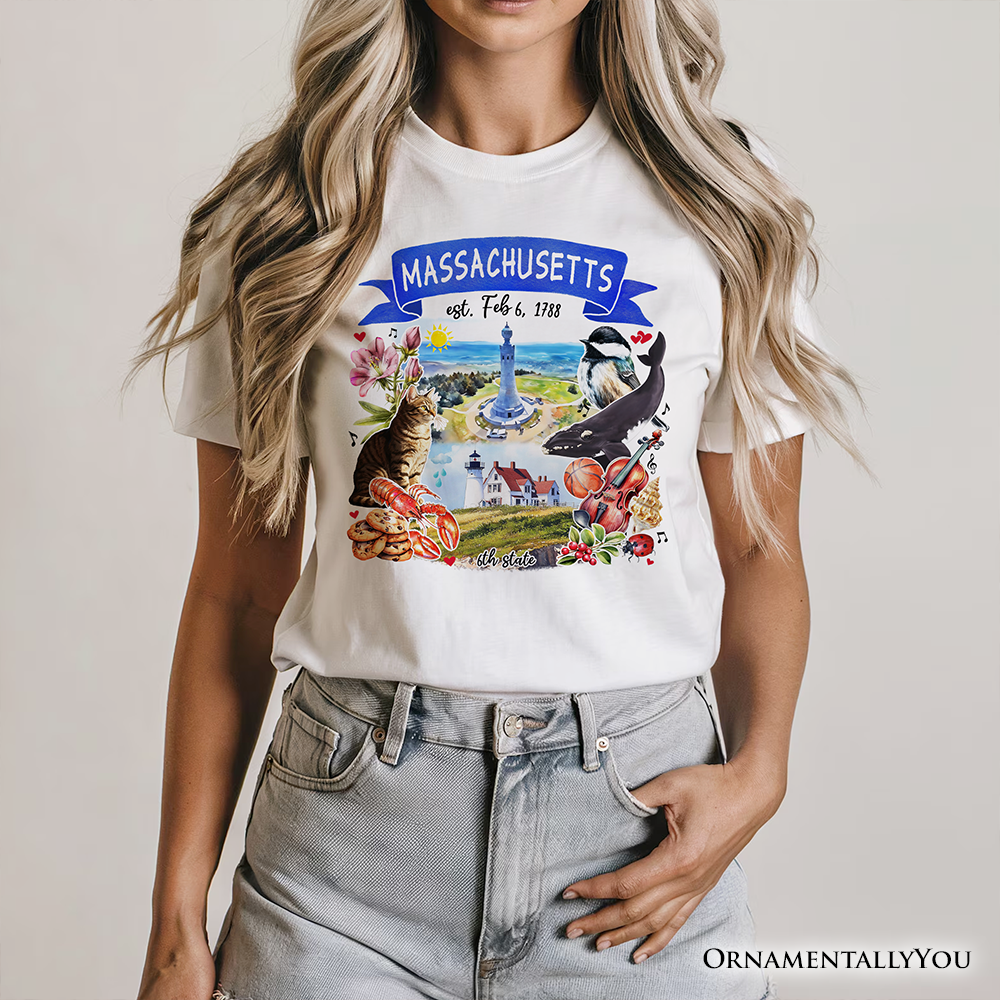 Artistic Massachusetts State Themes and Landmarks T-Shirt, Tee for History and Travel Lovers