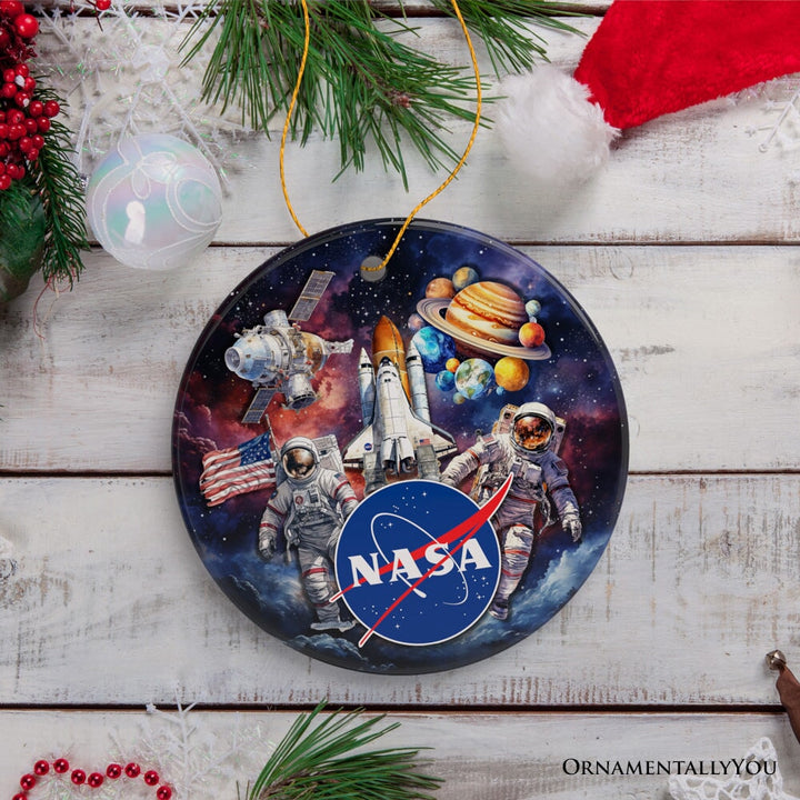 Artistic NASA Handcrafted Christmas Ornament, Astronaut in Outer Space with the Planets Ceramic Ornament OrnamentallyYou 