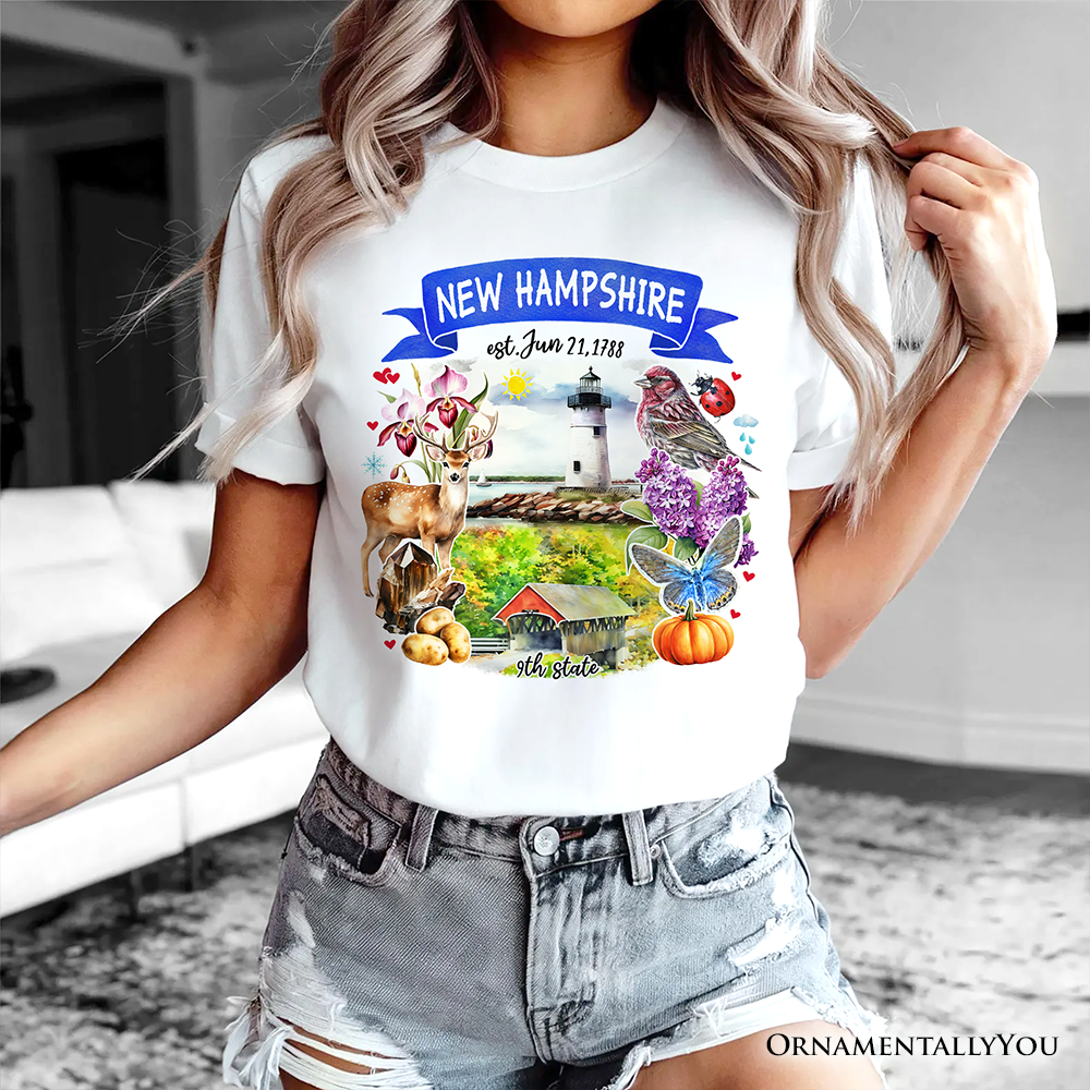 Artistic New Hampshire State Themes and Landmarks T-Shirt, Tee for History and Travel Lovers