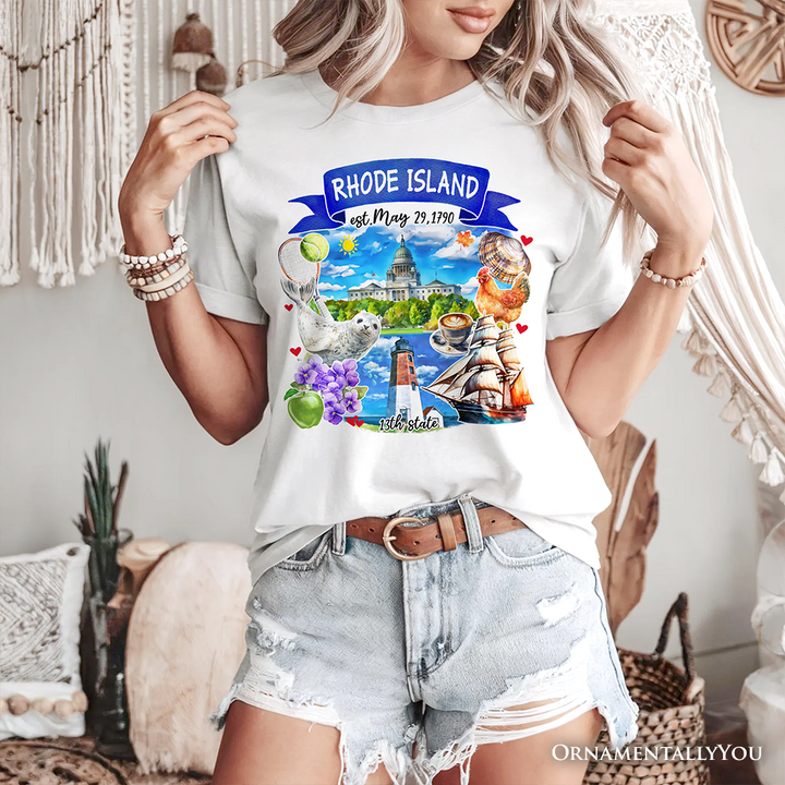 Artistic Rhode Island State Themes and Landmarks T-Shirt, Tee for History and Travel Lovers