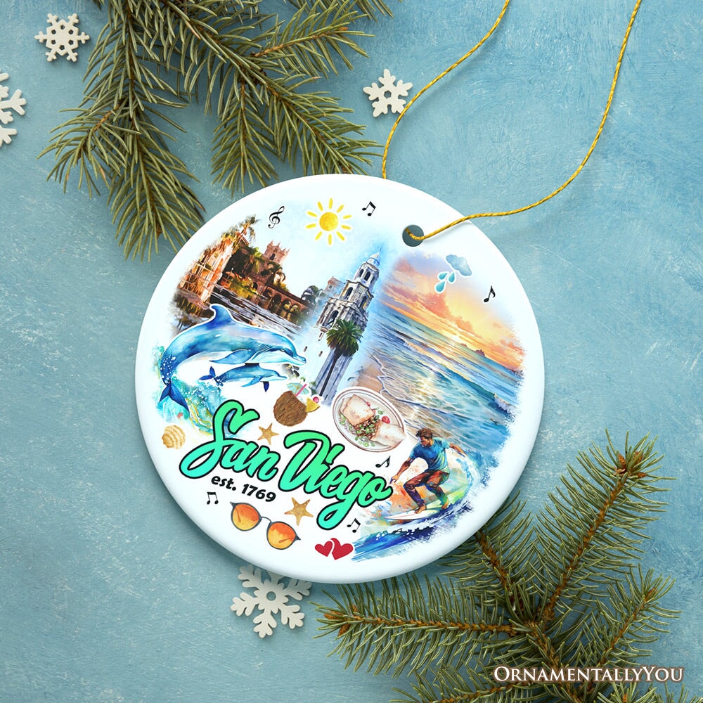 Artistic San Diego Christmas Ornament, Keepsake Souvenir and Gift Ceramic Ornament OrnamentallyYou 