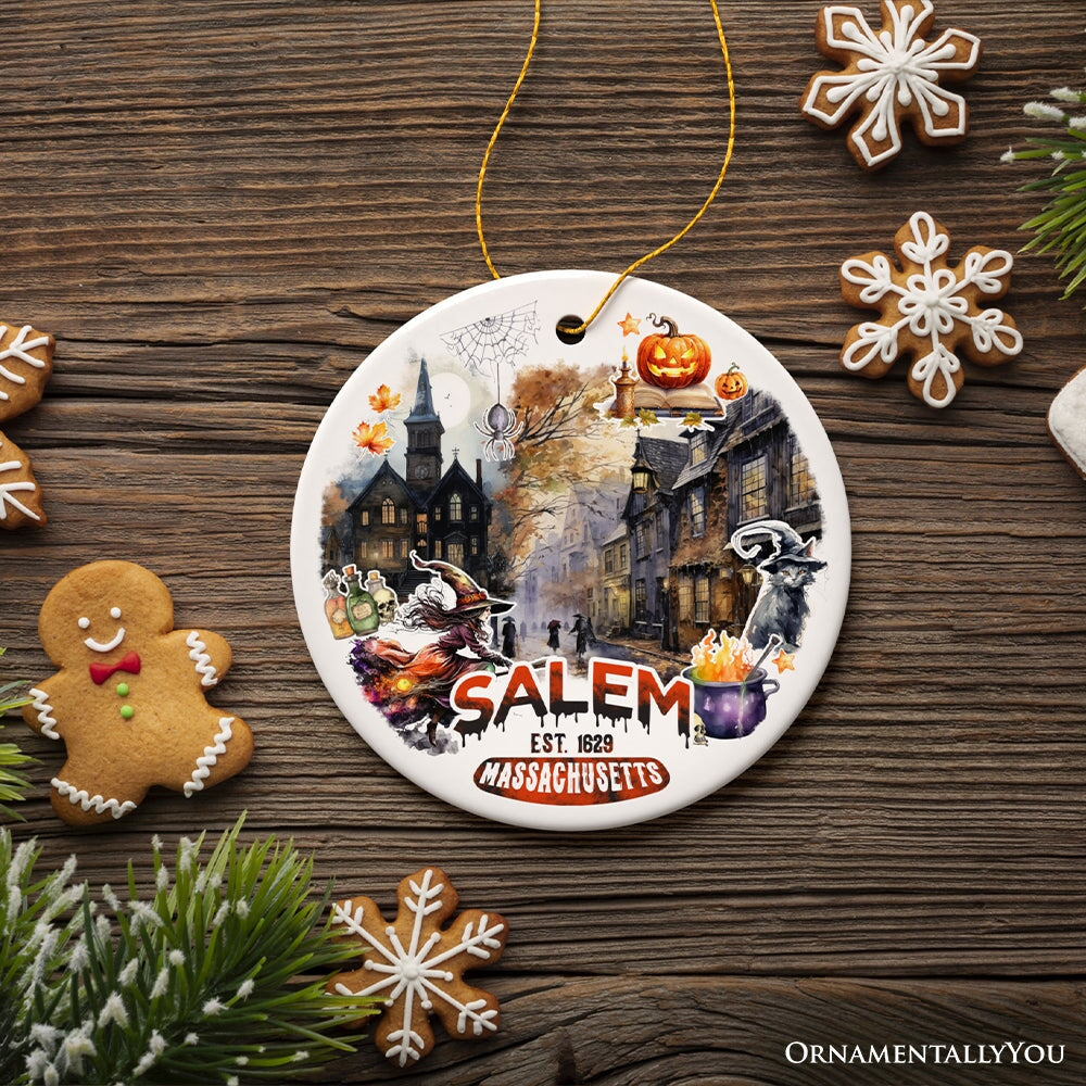 Artistic Spooky and Classic Salem Massachusetts Ornament, Witches and Halloween Souvenir Gift Ceramic Ornament OrnamentallyYou 