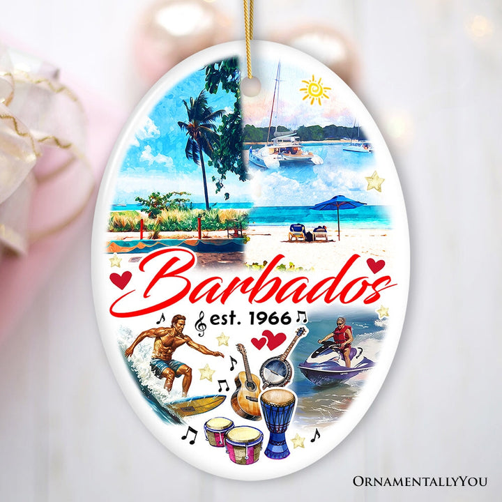 Artistic Tropical Barbados Landmarks and Beaches Ornament, Travel Caribbean Paradise Christmas Souvenir Ceramic Ornament OrnamentallyYou Oval 