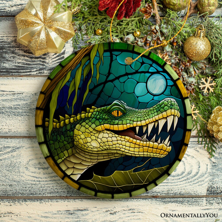 Artistic Wetlands Alligator Ceramic Ornament, Stained Glass Theme Nature Art of Swamp Animal Ceramic Ornament OrnamentallyYou 