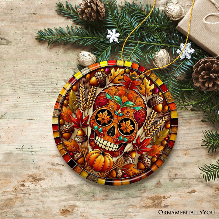 Autumn Harvest Sugar Skull Ornament, Vibrant Fall Foliage Christmas Gift and Decor Ceramic Ornament OrnamentallyYou 