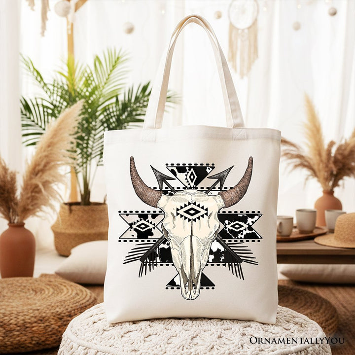 Aztec Tribal Bull Skull Canvas Tote Bag, Western Boho Gift Shopper Tote Bag OrnamentallyYou White 