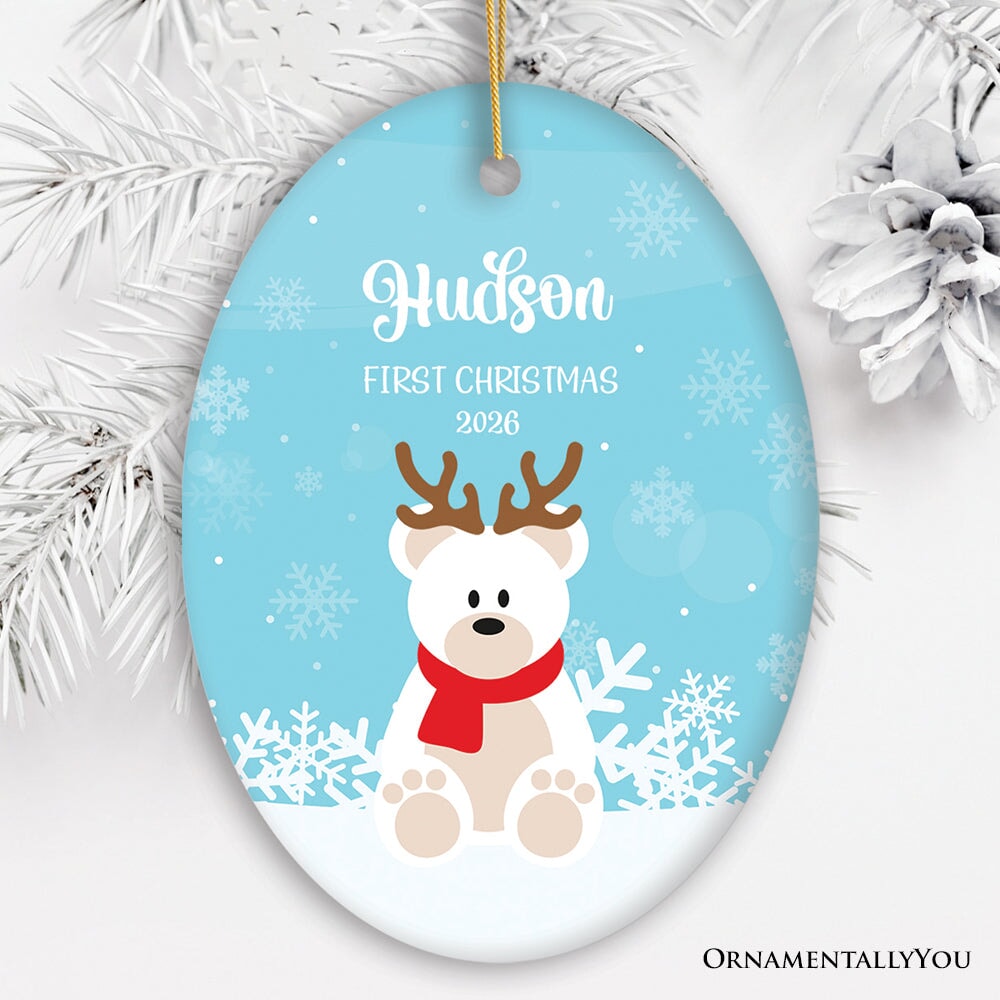Baby’s 1st Christmas Polar Bear Personalized Ornament Ceramic Ornament OrnamentallyYou Oval 