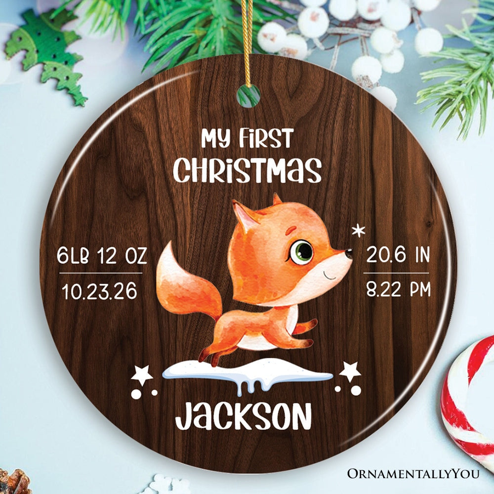 Baby’s First Christmas Ornament Fox Theme with Date, Time, and Weight Ceramic Ornament OrnamentallyYou 