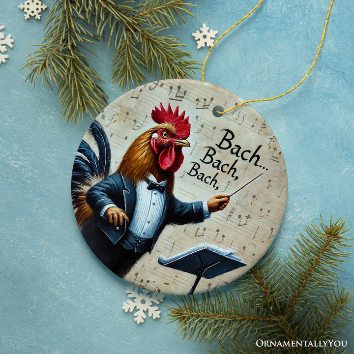 Bach Bach Bach Chicken Conductor Ornament, Playful Musical Christmas Decor Ceramic Ornament OrnamentallyYou 