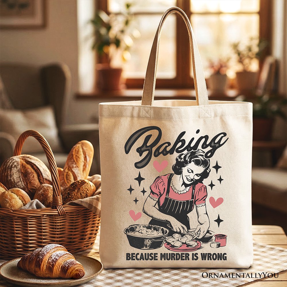 Baking Because Murder Is Wrong Anti-Valentine Tote Bag, Funny Retro Kitchen Gift Shopper Tote Bag OrnamentallyYou Beige 
