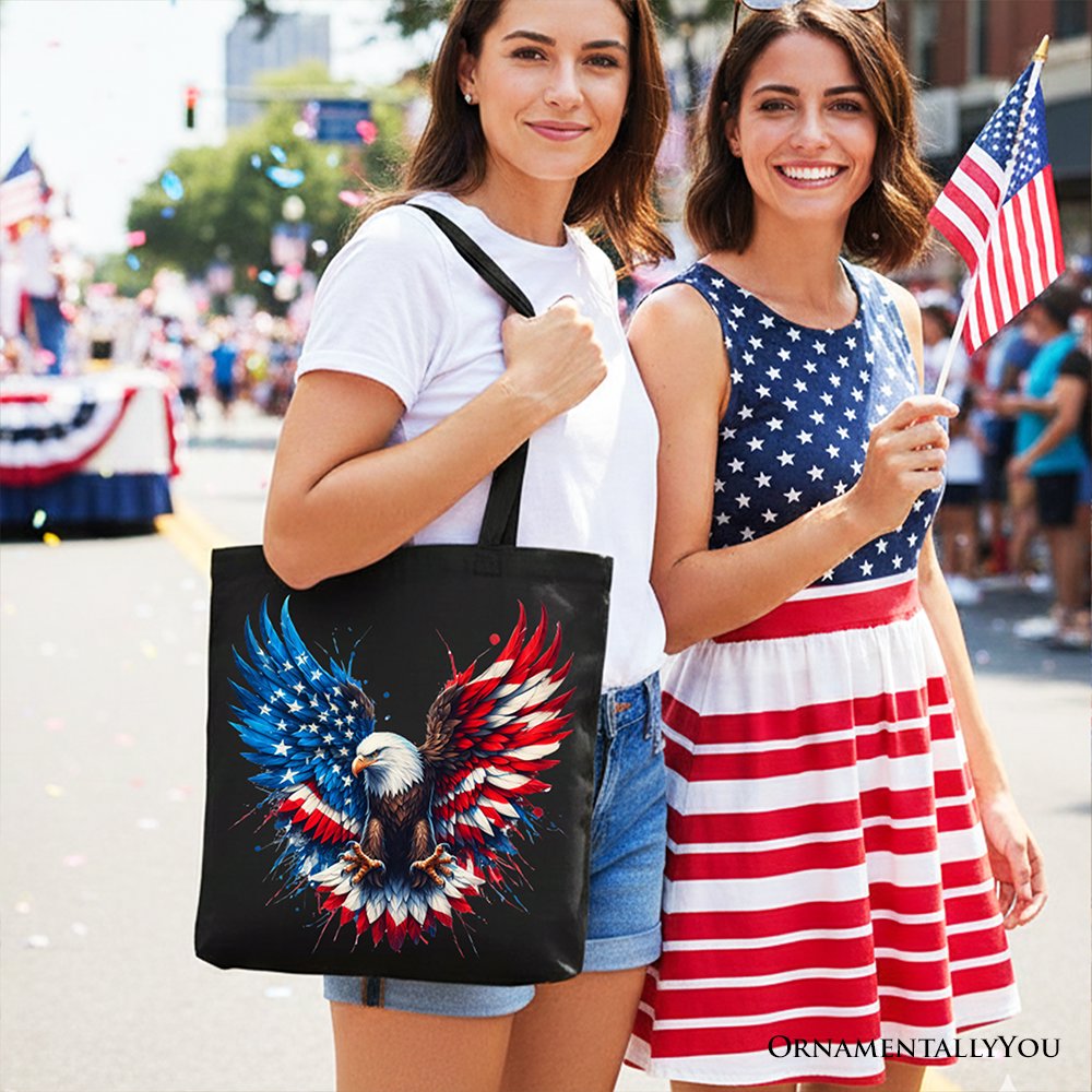 Bald Eagle American Flag Canvas Tote Bag, Patriotic Freedom Gift Shopper Tote Bag OrnamentallyYou 