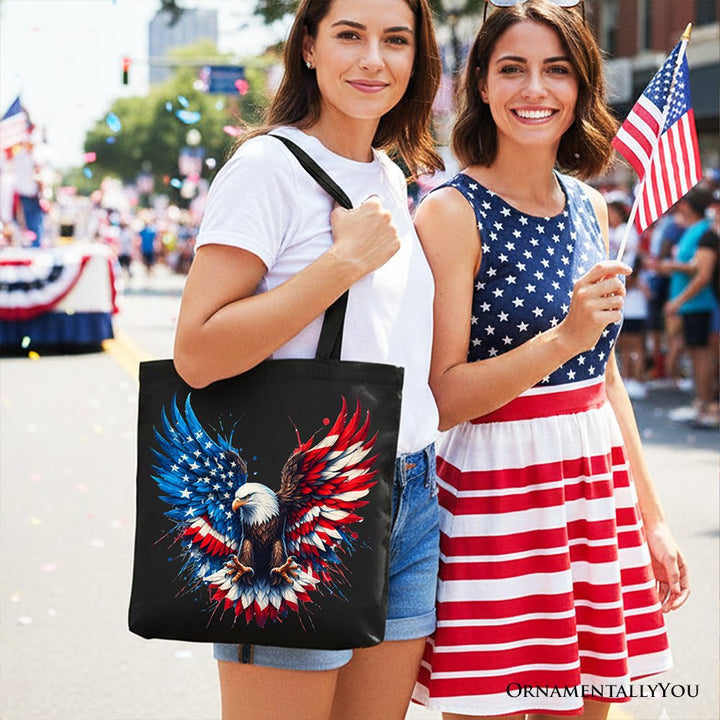 Bald Eagle American Flag Canvas Tote Bag, Patriotic Freedom Gift Shopper Tote Bag OrnamentallyYou 