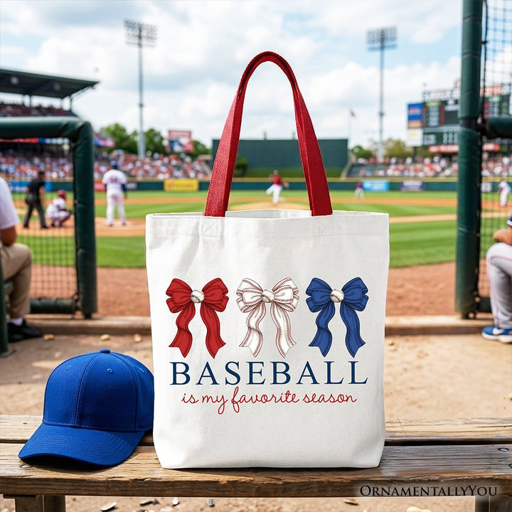 Baseball Is My Favorite Season Tote Bag, Coquette Bow Game Day Gift Shopper Tote Bag OrnamentallyYou Red Handle 