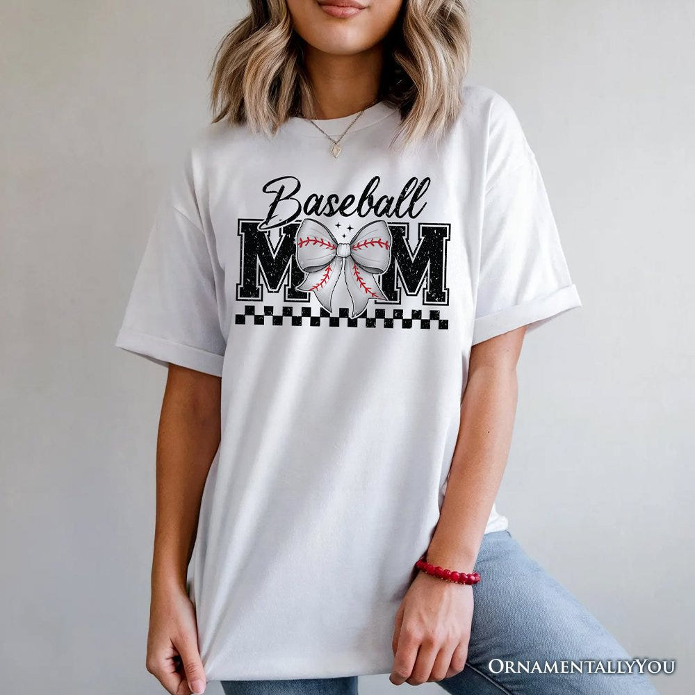 Baseball Mom Coquette Bow Retro T-Shirt, Stylish Game Day White Tee for Trendy and Proud Sports Mothers T-Shirts OrnamentallyYou 