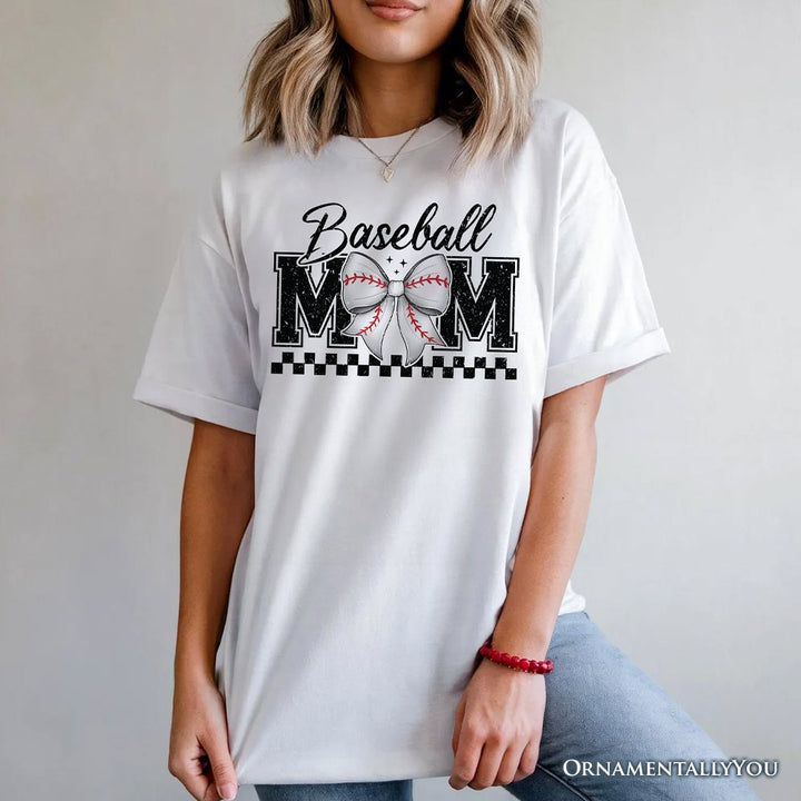 Baseball Mom Coquette Bow Retro T-Shirt, Stylish Game Day White Tee for Trendy and Proud Sports Mothers T-Shirts OrnamentallyYou 