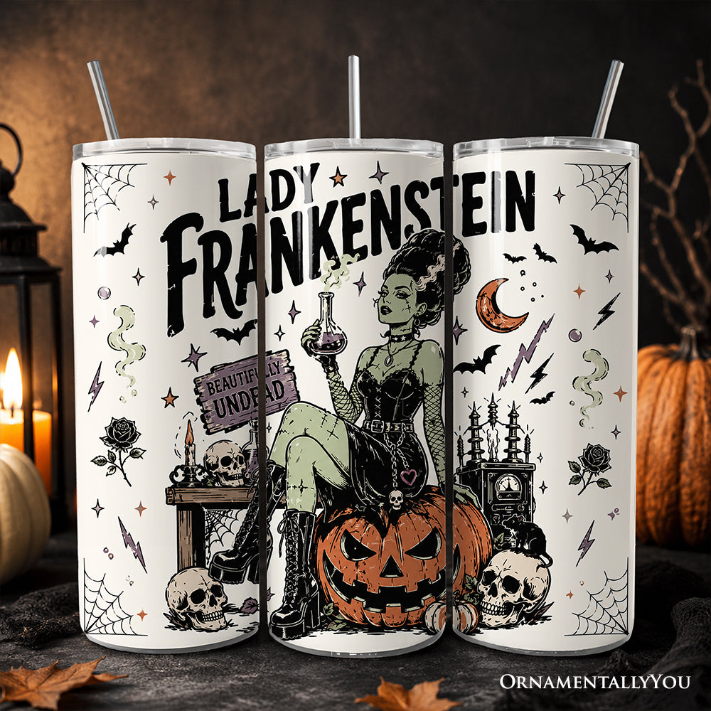 Beautifully Undead Lady Frankenstein 20oz Personalized Tumbler With Lid and Stainless Steel Straw, Vintage Halloween Monster Girl Gift Cup