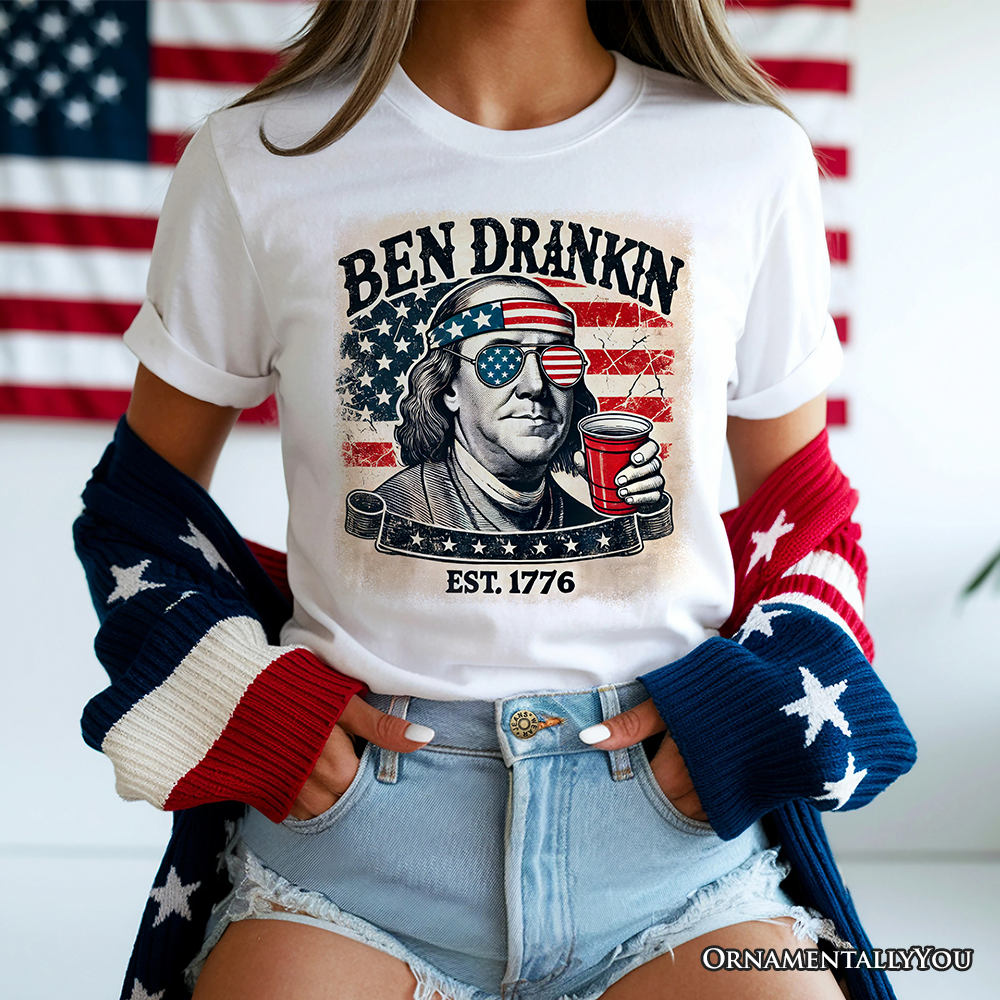 Ben Drankin Funny 4th of July T-Shirt, White, Navy and Black Patriotic Tee With Benjamin Franklin