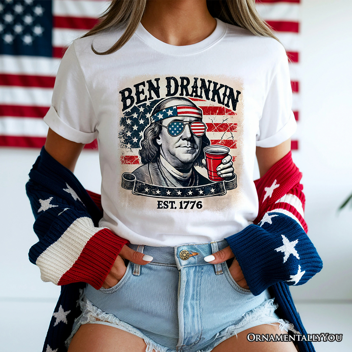Ben Drankin Funny 4th of July T-Shirt, White, Navy and Black Patriotic Tee With Benjamin Franklin