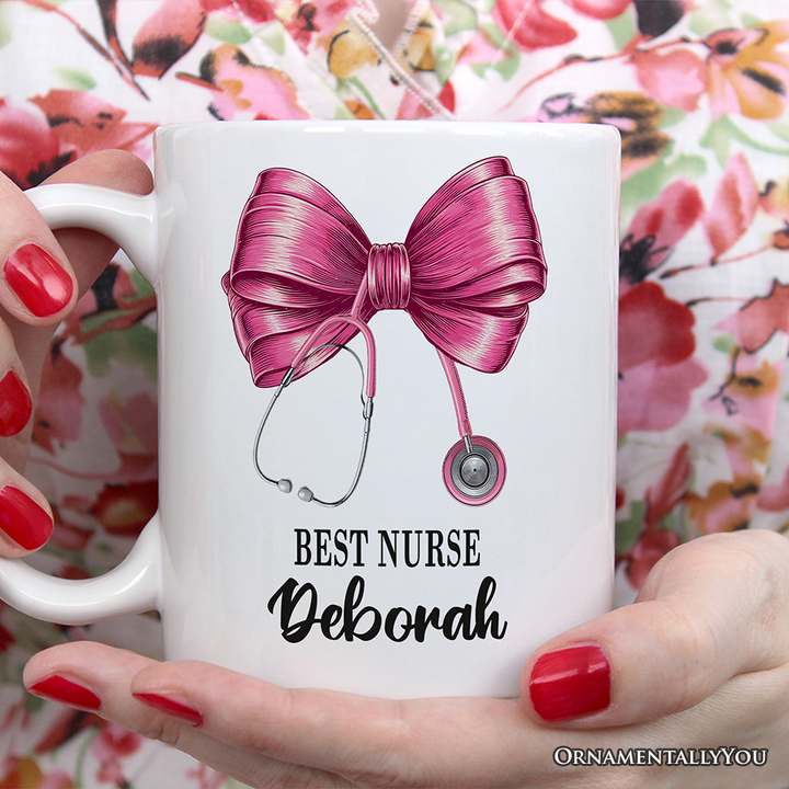 Best Nurse Coquette Pink Bow Personalized Mug, Pink Stethoscope, Gift for Nurse With Custom Name