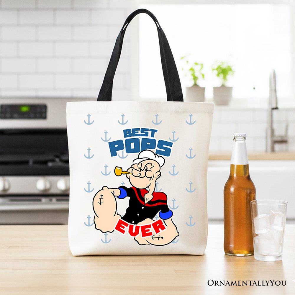 Best Pops Ever Canvas Tote Bag, Classic Popeye the Sailorman Dad Gift Bag for Fun and Strong Dads Tote Bag OrnamentallyYou Black Handle 