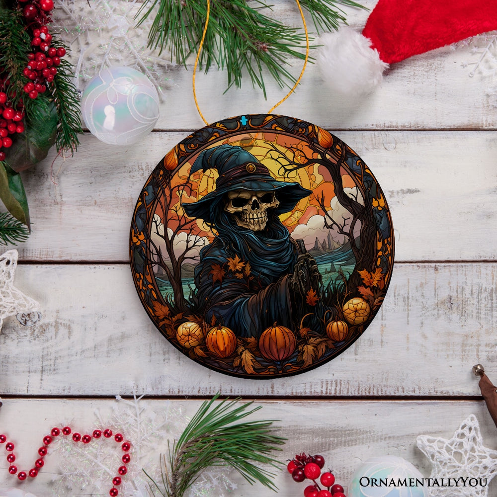 Bewitching Skeletal Sorcery Stained Glass Style Ceramic Ornament, Halloween Themed Christmas Gift and Decor Ceramic Ornament OrnamentallyYou Circle 