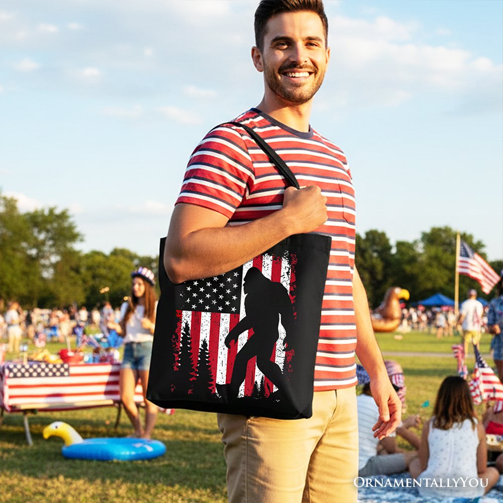 Bigfoot American Flag Canvas Tote Bag, Patriotic Sasquatch Gift Shopper Tote Bag OrnamentallyYou 