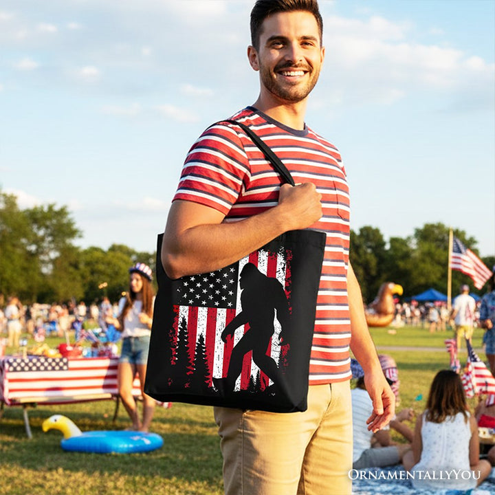 Bigfoot American Flag Canvas Tote Bag, Patriotic Sasquatch Gift Shopper Tote Bag OrnamentallyYou 