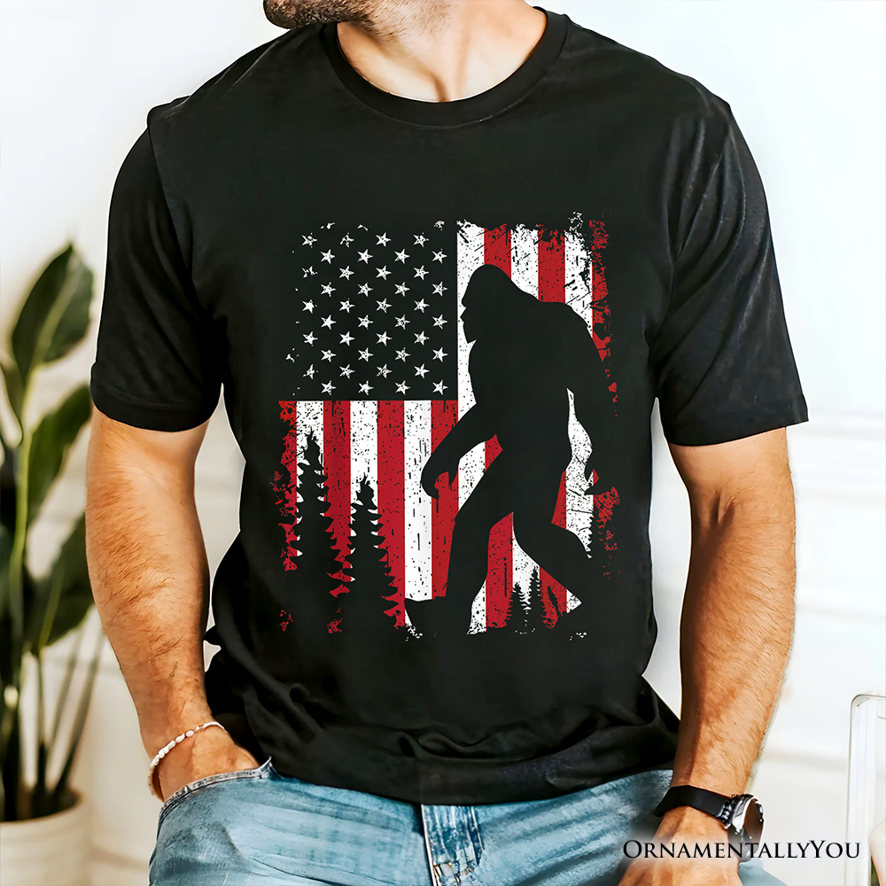 Bigfoot American Flag T-Shirt, Patriotic Sasquatch Tee