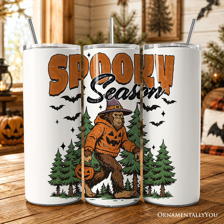 Bigfoot Spooky Season 20oz Personalized Tumbler With Lid and Stainless Steel Straw, Retro Halloween Forest Gift Cup