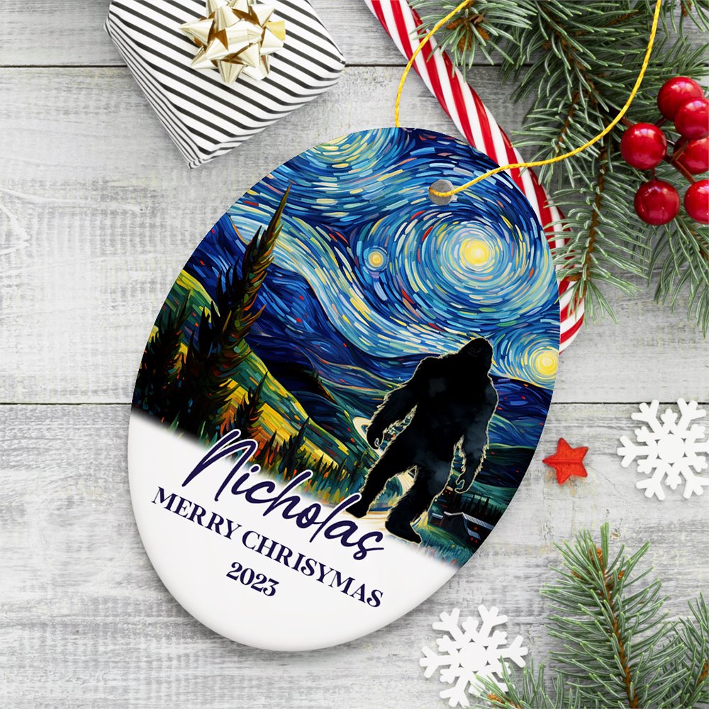 Bigfoot by Vincent Van Gogh Personalized Christmas Ornament, Believe Funny Gift Ceramic Ornament OrnamentallyYou Oval 