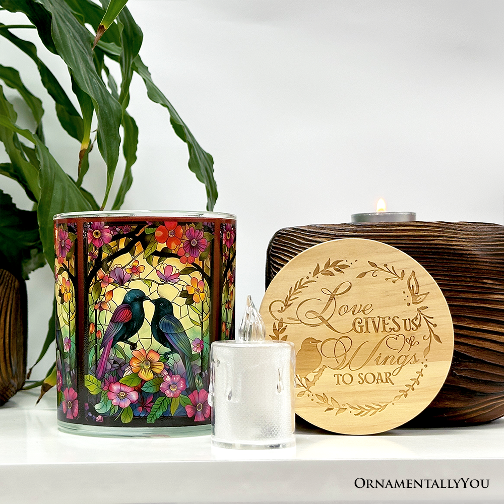 Birds of Love Faux Stained Glass LED Tea Light Candle, Cozy Romantic Valentine Decor With Soft Glow