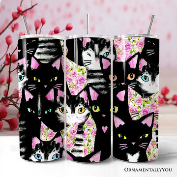 Black Cats Pink Rose Pattern 20oz Personalized Tumbler With Lid and Stainless Steel Straw, Cute Floral Kitty Gift Cup Tumbler OrnamentallyYou Non-Customized 