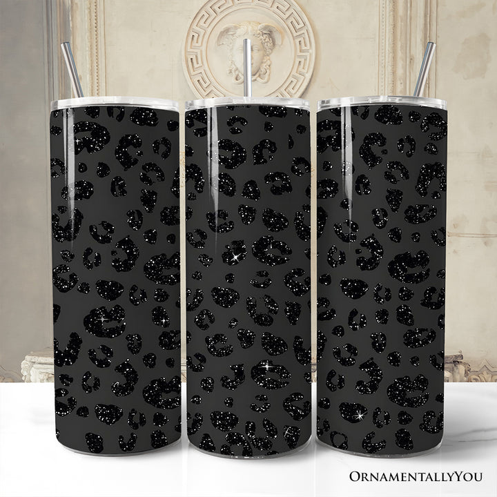 Black Glitter Leopard Print 20oz Personalized Tumbler With Lid and Stainless Steel Straw, Bold Animal Pattern Gift Cup