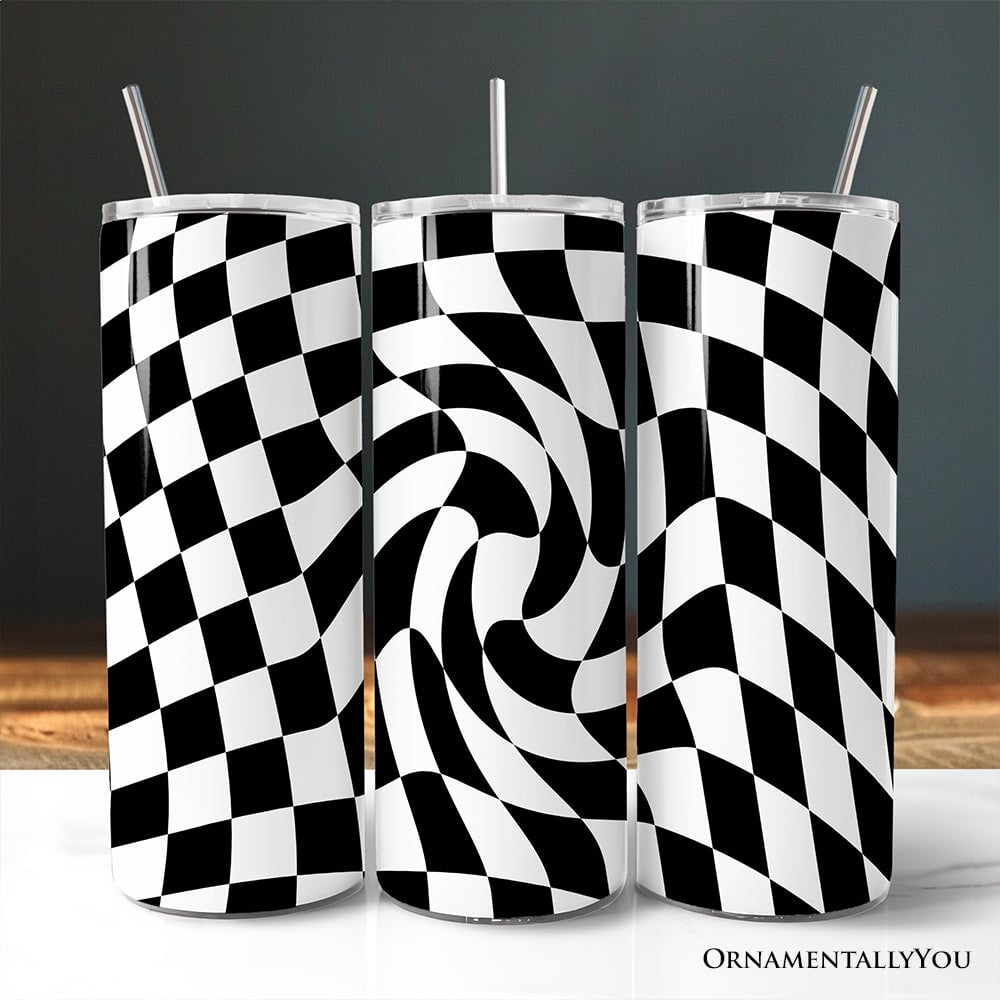 Black and White Checkerboard Swirl 20oz Personalized Tumbler With Lid and Stainless Steel Straw, Retro Optical Illusion Gift Cup Tumbler OrnamentallyYou Non-Customized 