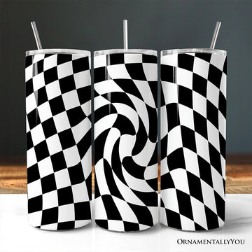 Black and White Checkerboard Swirl 20oz Personalized Tumbler With Lid and Stainless Steel Straw, Retro Optical Illusion Gift Cup Tumbler OrnamentallyYou Non-Customized 
