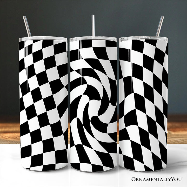 Black and White Checkerboard Swirl 20oz Personalized Tumbler With Lid and Stainless Steel Straw, Retro Optical Illusion Gift Cup