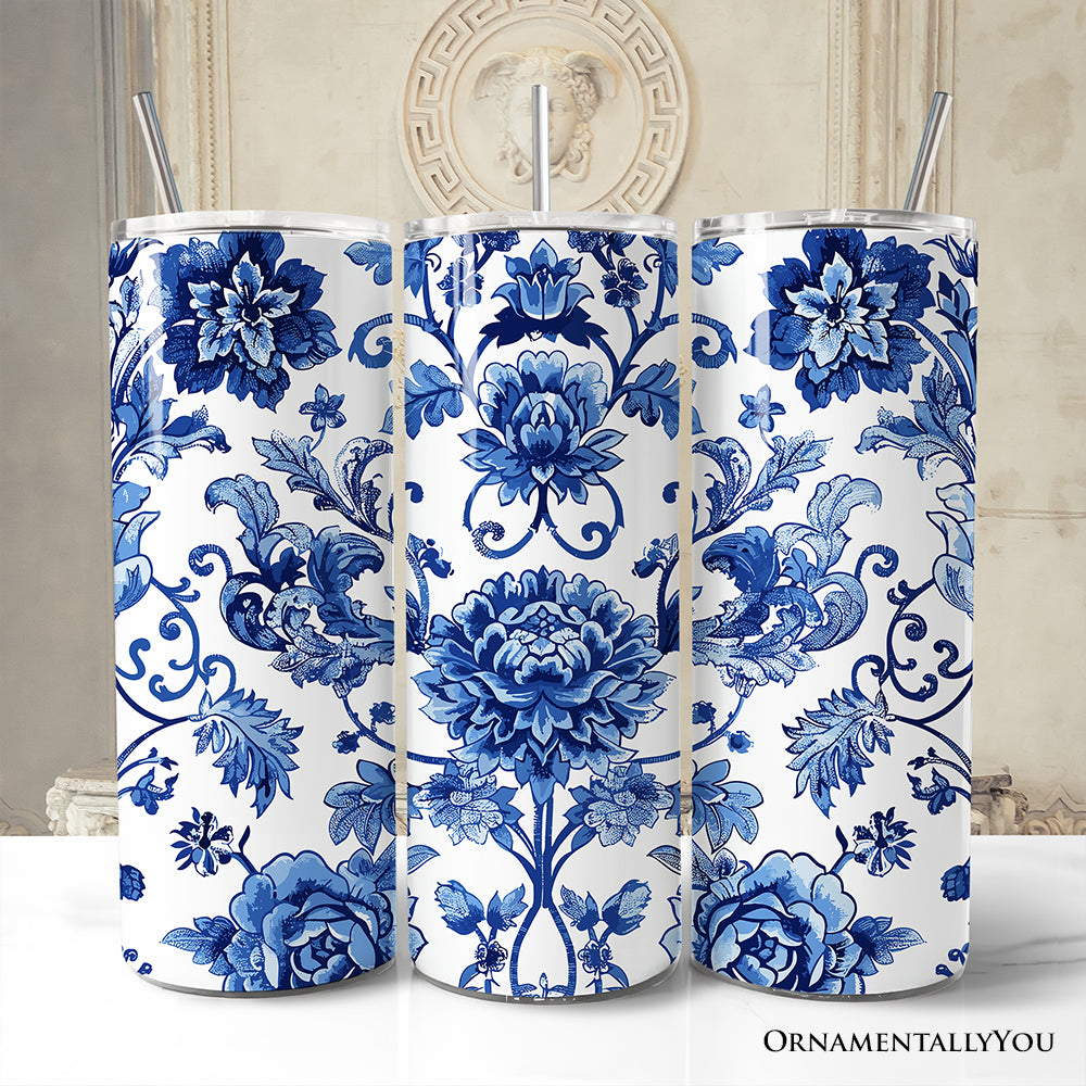 Blue and White Floral Pattern 20oz Personalized Tumbler With Lid and Stainless Steel Straw, Vintage Chinoiserie Porcelain Gift Cup