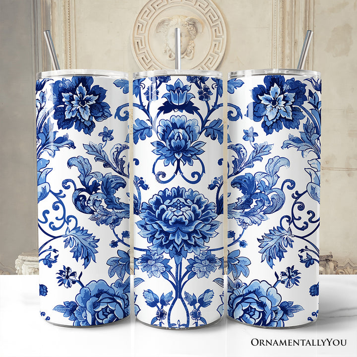 Blue and White Floral Pattern 20oz Personalized Tumbler With Lid and Stainless Steel Straw, Vintage Chinoiserie Porcelain Gift Cup