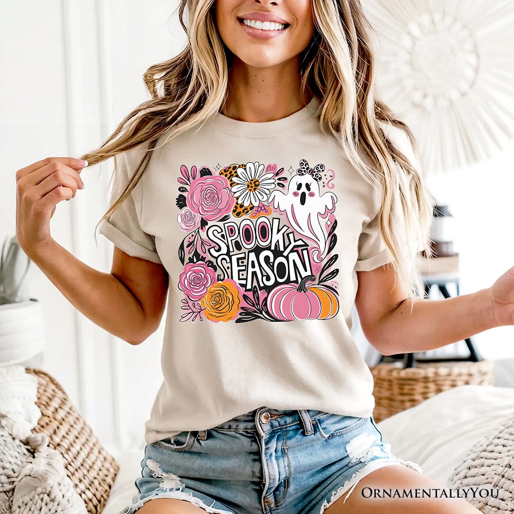 Boho Spooky Season Ghost T-Shirt, Cute Halloween Tee with Fall Pumpkins T-Shirts OrnamentallyYou 