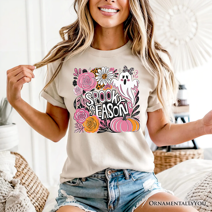 Boho Spooky Season Ghost T-Shirt, Cute Halloween Tee with Fall Pumpkins