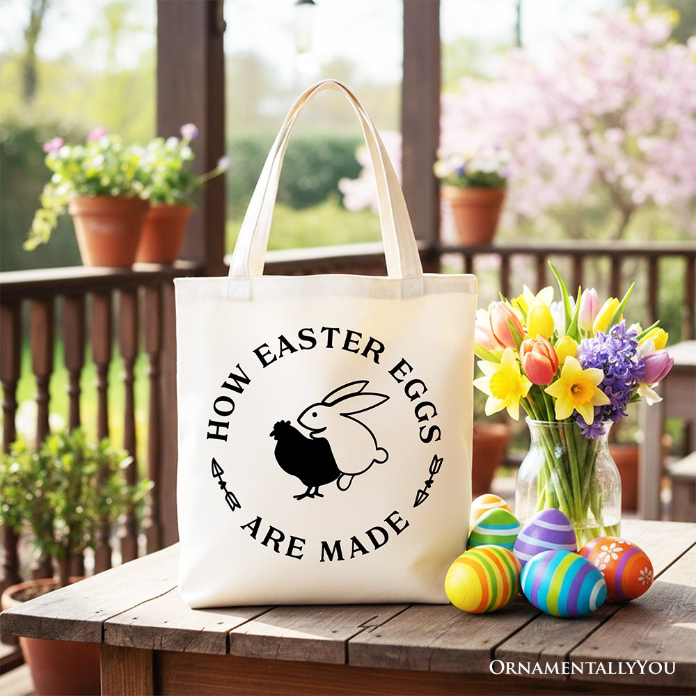 Bold Funny Easter Bunny Sarcastic Tote Bag, How Easter Eggs Are Made Gift Shopper Tote Bag OrnamentallyYou White 