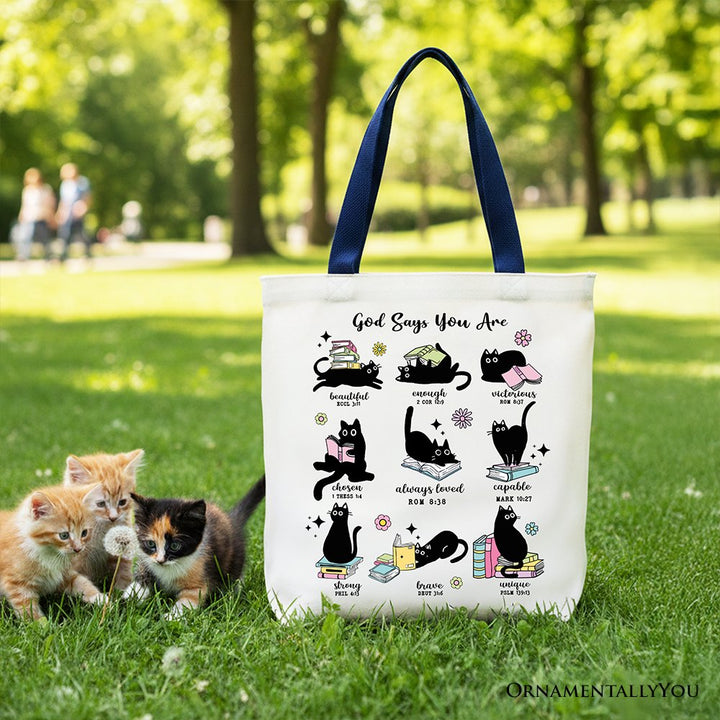 Book Cat God Says I Am Tote Bag, Christian Bible Verse Faith Gift Shopper Tote Bag OrnamentallyYou Navy Handle 
