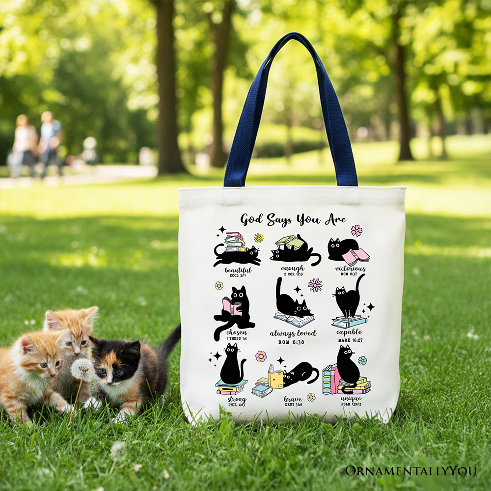 Book Cat God Says I Am Tote Bag, Christian Bible Verse Faith Gift Shopper
