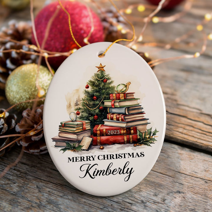 Book Lovers Christmas Tree Vintage Style Personalized Ornament Ceramic Ornament OrnamentallyYou Oval 