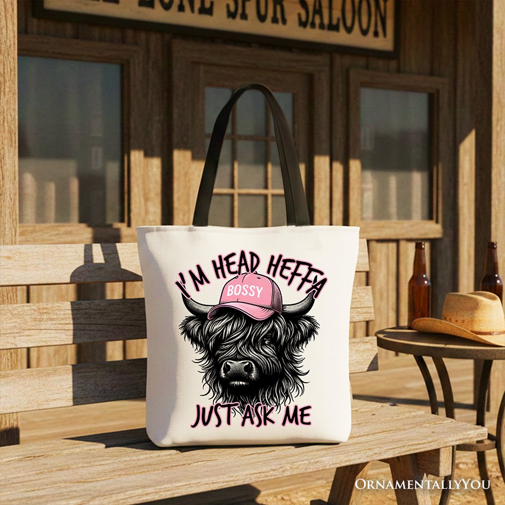 Bossy Highland Cow Canvas Tote Bag, Head Heifer Funny Western Gift Shopper Tote Bag OrnamentallyYou Black Handle 