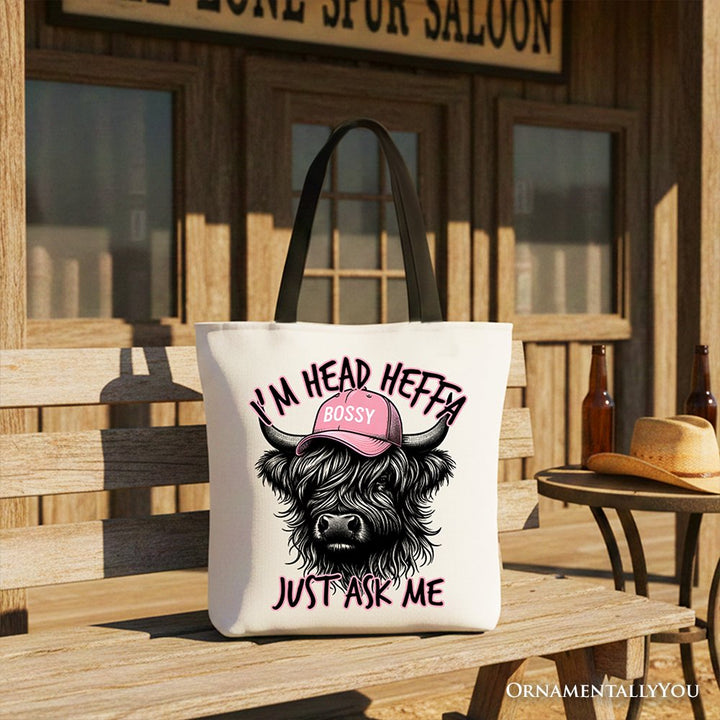 Bossy Highland Cow Canvas Tote Bag, Head Heifer Funny Western Gift Shopper Tote Bag OrnamentallyYou Black Handle 