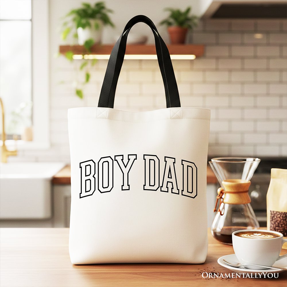 Boy Dad Varsity Tote Bag, Father's Day Gift Shopper Tote Bag OrnamentallyYou Black Handle 