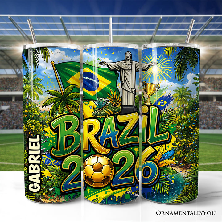 Brazil 2026 Soccer Cup Global Championship 20oz Tumbler With Lid and Stainless Steel Straw, Fans Football Gift Cup