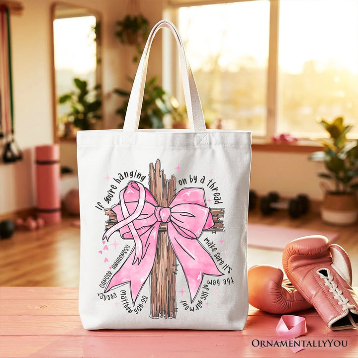 Breast Cancer Pink Bow Cross Tote Bag, Awareness Faith Christian Gift Shopper Tote Bag OrnamentallyYou White 