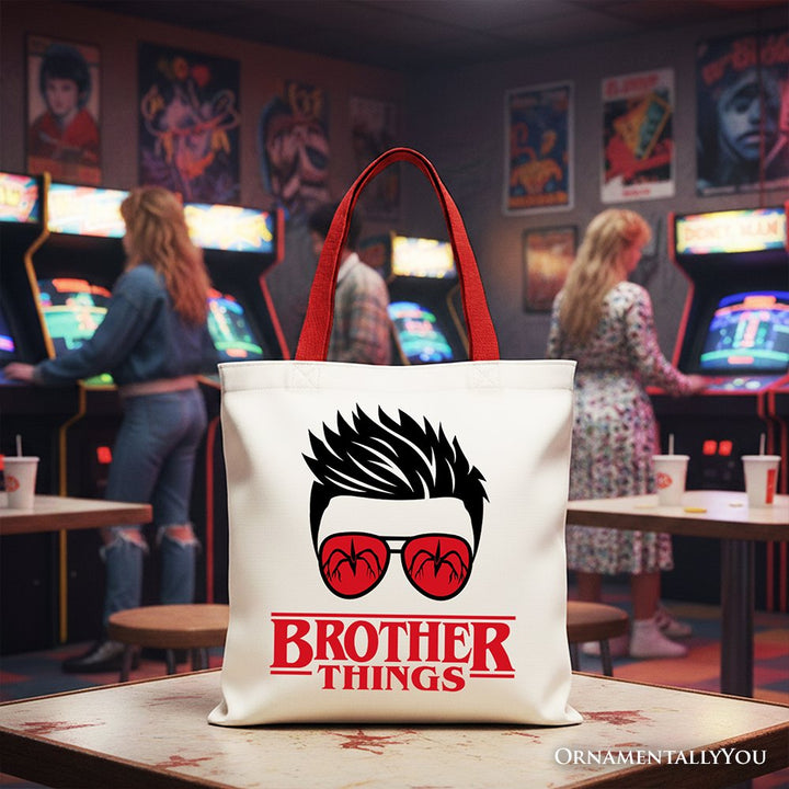 Brother Things Retro Canvas Tote Bag, Red Glasses Family Matching Gift Shopper Tote Bag OrnamentallyYou Red Handle 